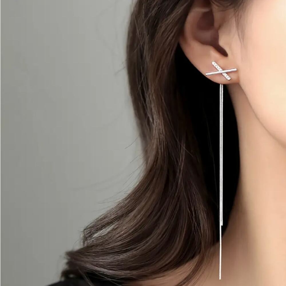 NEW - long dangle earrings, tassel earrings, silver, cross, chain earrings